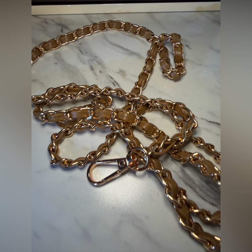 Gold Chain & Tan Faux Leather Crossbody Purse Strap 48” - Picture 4 of 4